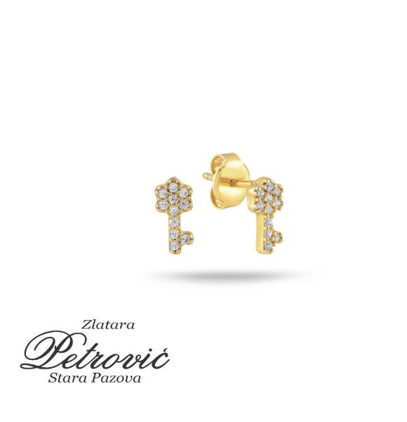 Zlatne minđuše u obliku ključa sa cirkonima, izrađene od žutog zlata, prikazane iz dva ugla na beloj pozadini.