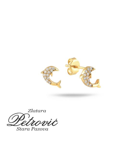 Zlatne minđuše u obliku delfina sa belim cirkonima, fotografisane na beloj pozadini sa blagom senkom ispod.