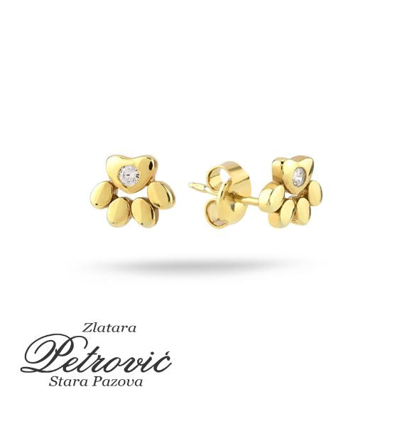 Zlatne minđuše u obliku šapica sa centralnim cirkonom, postavljene na belu pozadinu.