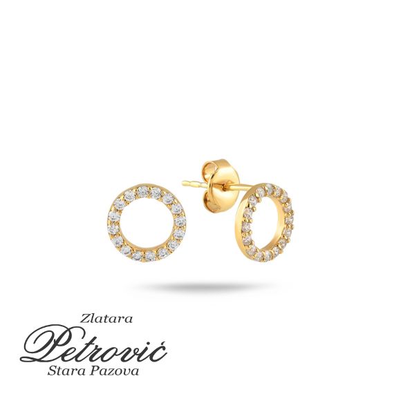 Zlatne minđuše u obliku kruga sa cirkonima, postavljene na beloj pozadini.