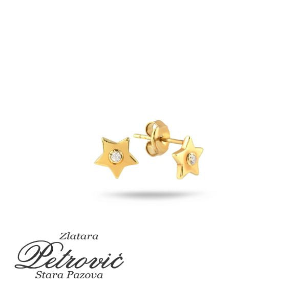 Zlatne minđuše u obliku zvezde sa cirkonom u sredini, izrađene od žutog zlata, prikazane iz dva ugla na beloj pozadini.