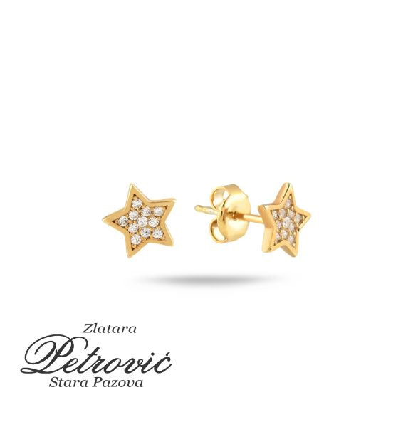 Zlatne minđuše u obliku zvezde sa cirkonima, izrađene od žutog zlata, prikazane iz prednjeg i bočnog ugla na beloj pozadini radi prikaza sjaja i detalja.