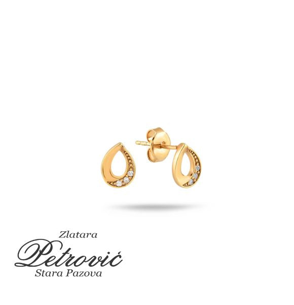 Zlatne minđuše u obliku kapljice sa cirkonima, izrađene od žutog zlata, prikazane iz dva ugla na beloj pozadini.