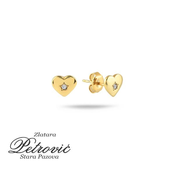 Zlatne minđuše u obliku glatkog srca sa cirkonom urezanim u sredinu, izrađene od žutog zlata, prikazane iz dva ugla na beloj pozadini.