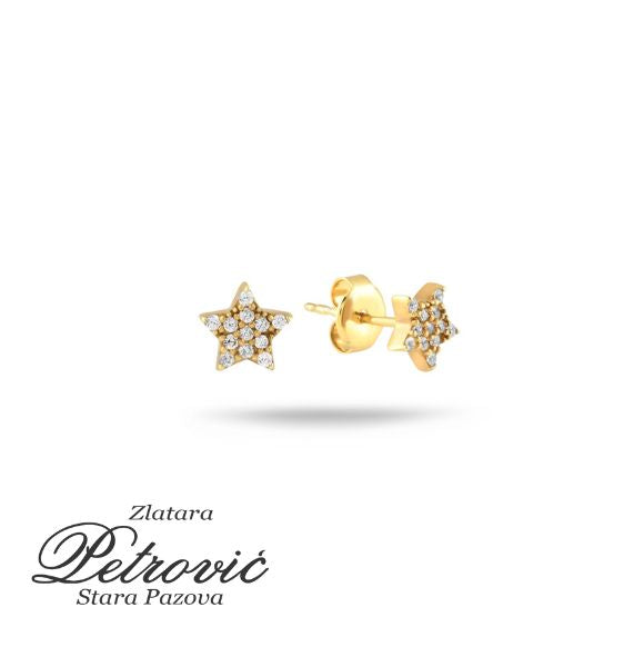 Zlatne minđuše u obliku zvezde sa cirkonima, izrađene od žutog zlata, prikazane iz dva ugla na beloj pozadini.