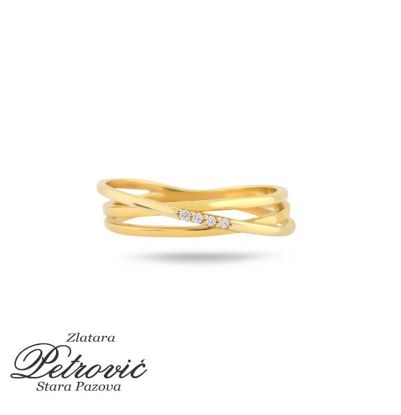 Zlatni prsten sa trostrukim ukrštenim obodom i tri cirkona na sredini