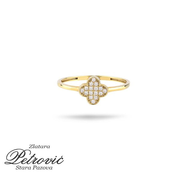 Zlatni prsten sa cirkonima u obliku deteline sa četiri lista.