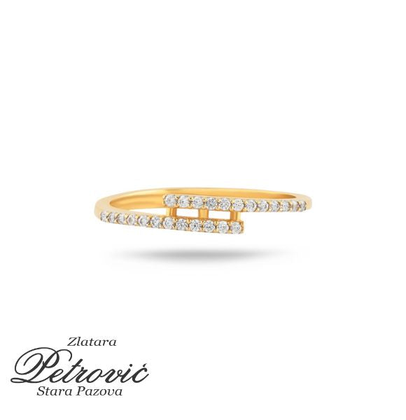 Zlatni prsten sa dva reda cirkona povezanim mostićem na vrhu