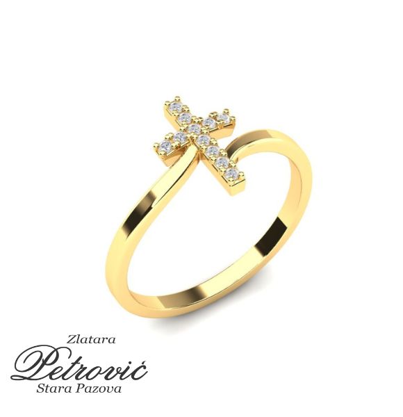 Zlatni prsten sa uzdignutim krstićem i cirkonima