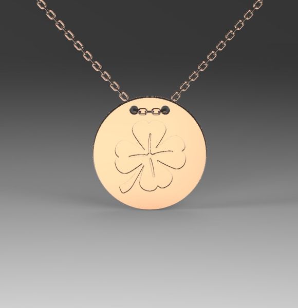 Zlatni lančić sa priveskom u obliku kruga i gravurom deteline izrađen od roze zlata