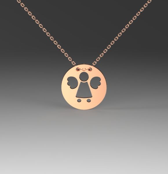 Zlatni lančić sa priveskom u obliku kruga i gravurom anđela izrađen od roze zlata