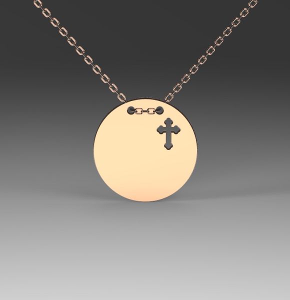 Zlatni lančić sa priveskom u obliku kruga i gravurom krsta od roze zlata