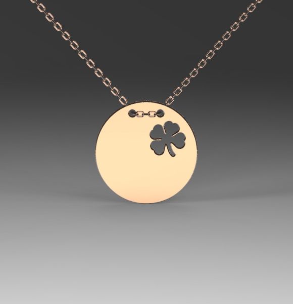 Zlatni lančić sa priveskom u obliku kruga i gravurom deteline izrađen od roze zlata