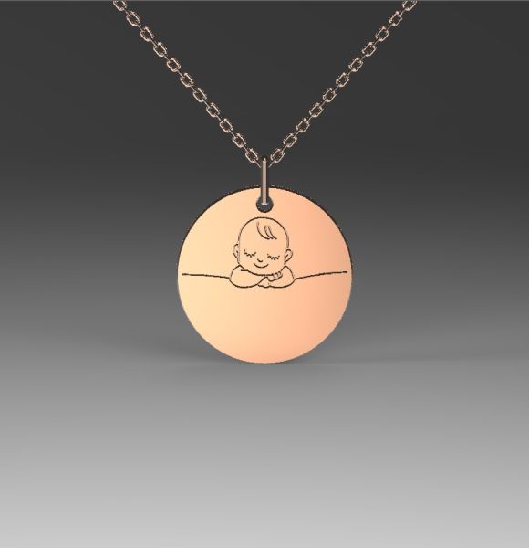 Zlatni lančić sa priveskom kruga i gravurom bebe od roze zlata