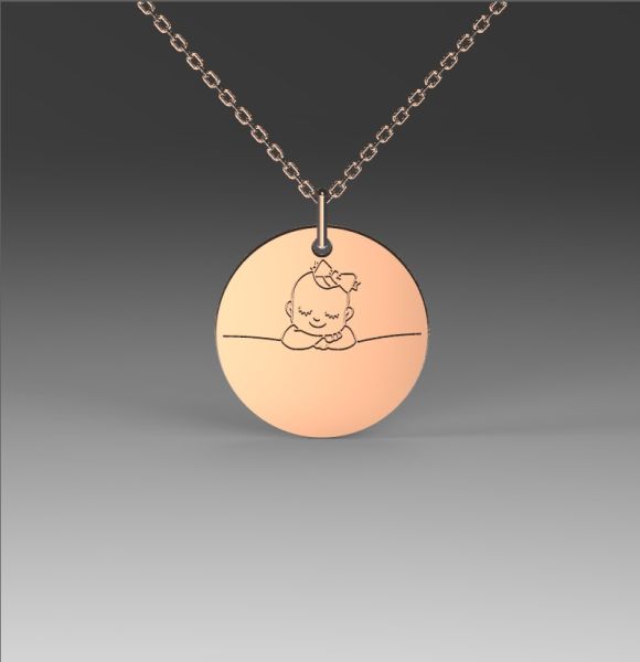 Zlatni lančić sa priveskom kruga i gravurom bebe-devojčice od roze zlata