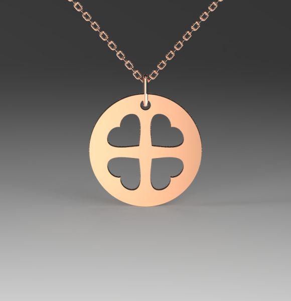 Zlatni lančić sa priveskom kruga i gravurom četiri srca u obliku deteline od roze zlata