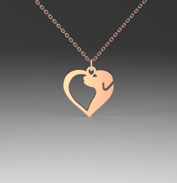 Zlatni lančić sa priveskom srce i silueta psa izrađen od roze zlata