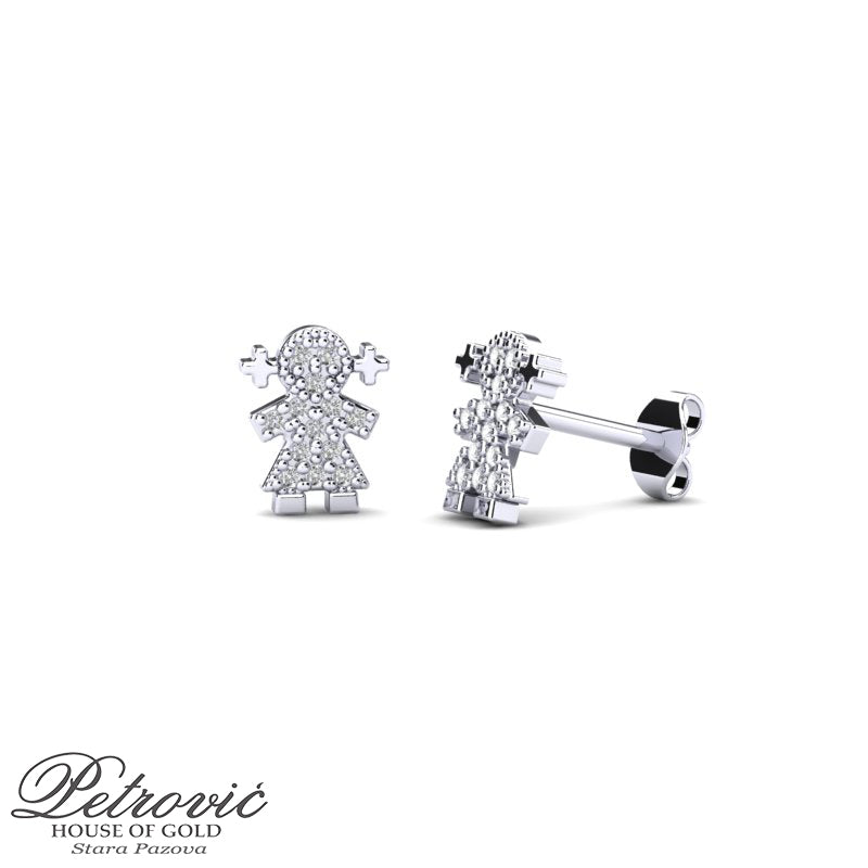 Zlatne minđuše u obliku devojčice sa cirkonima, prikazane iz dva ugla, od belog zlata na beloj pozadini