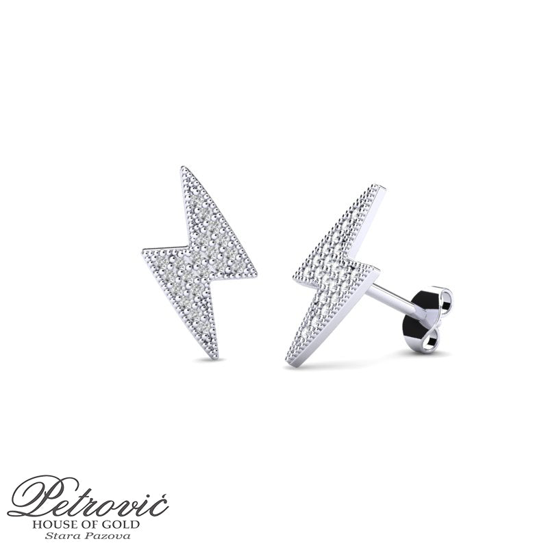 Zlatne mindjuše - munja sa cirkonima napravljene od belog zlata, prikazane na beloj pozadini iz dva ugla