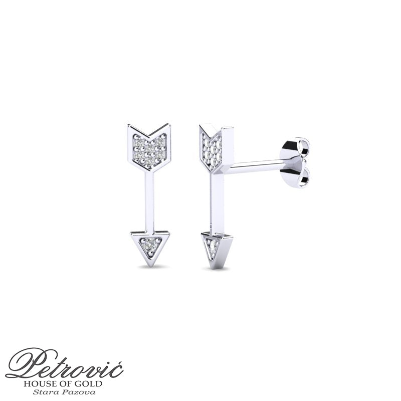 Zlatne minđuše strele sa cirkonima napravljene od belog zlata, prikazane na beloj pozadini iz dva ugla.