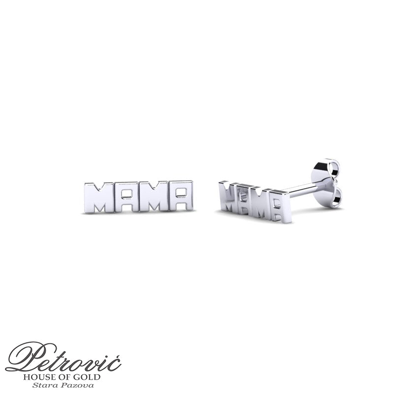 Minđuše od belog zlata na šraf sa natpisom mama