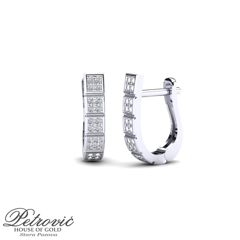 Zlatne minđuše sa kvadratnim motivima i cirkonima napravljene od belog zlata, prikazane na beloj pozadini iz dva ugla