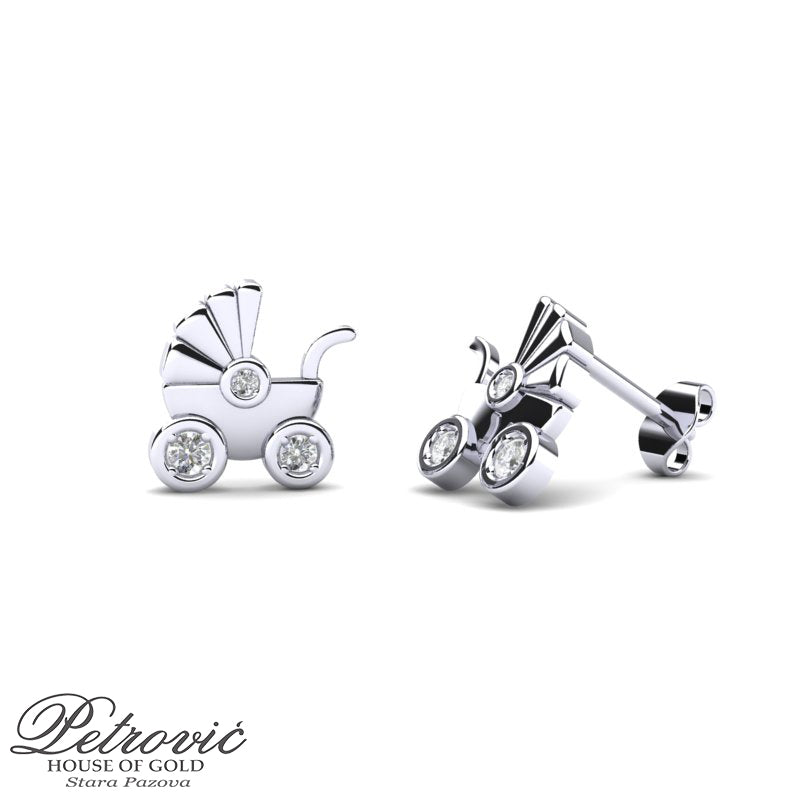 Minđuše od belog zlata u obliku kolica za bebe sa cirkomina prikazane na beloj pozadini iz dva ugla