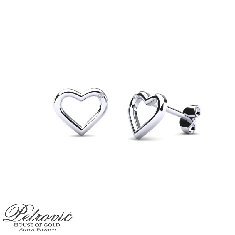 Zlatne minđuše u obliku otvorenog srca sa jednim sitnim belim cirkonom na vrhu, izrađene od belog zlata, prikazane iz prednjeg i bočnog ugla na beloj pozadini.