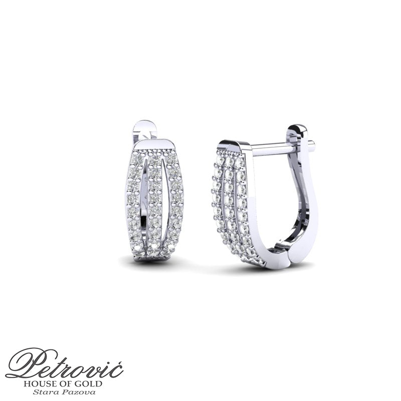 Zlatne minđuše sa tri paralelna reda cirkona na prednjoj strani, izrađene od belog zlata, prikazane na beloj pozadini iz dva ugla.