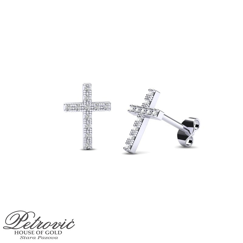 Zlatne minđuše krst sa cirkonima napravljene od belog zlata, prikazane na beloj pozadini iz dva ugla