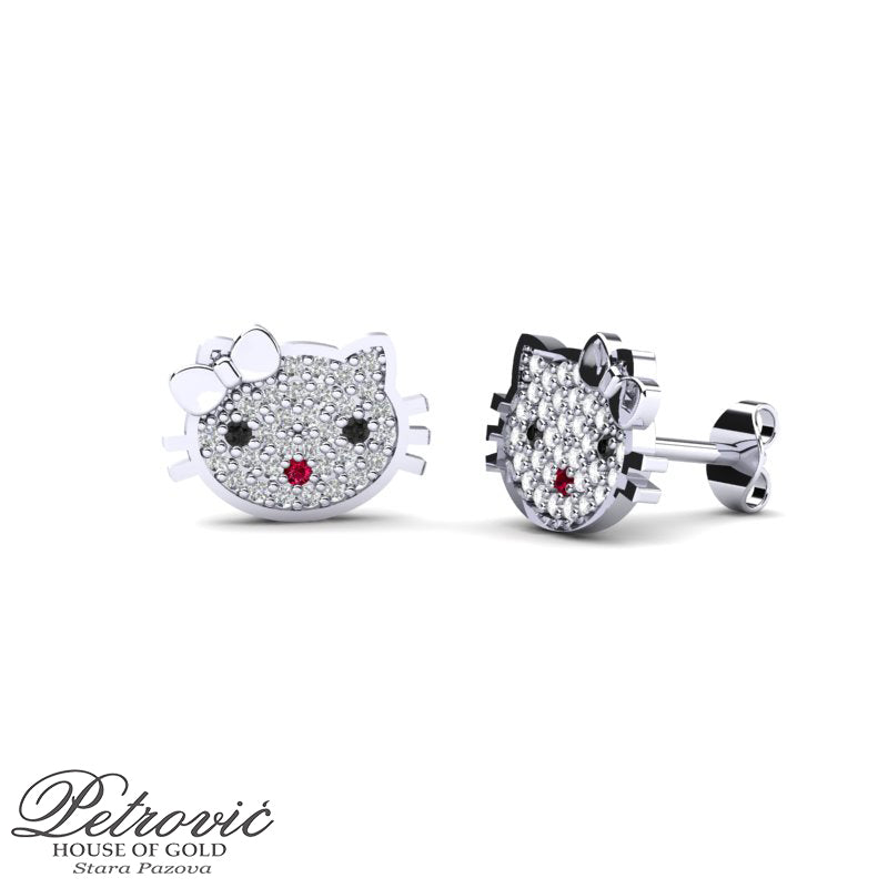 Hello kitty zlatne minđuše na šraf napravljene od belog zlata, prikazane na beloj pozadini iz dva ugla
