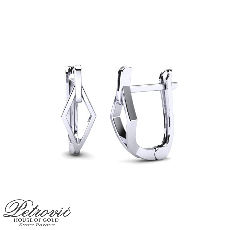 Zlatne minđuše od belog zlata, sa modernim geometrijskim oblikom, prikazane iz dva ugla na beloj pozadini.