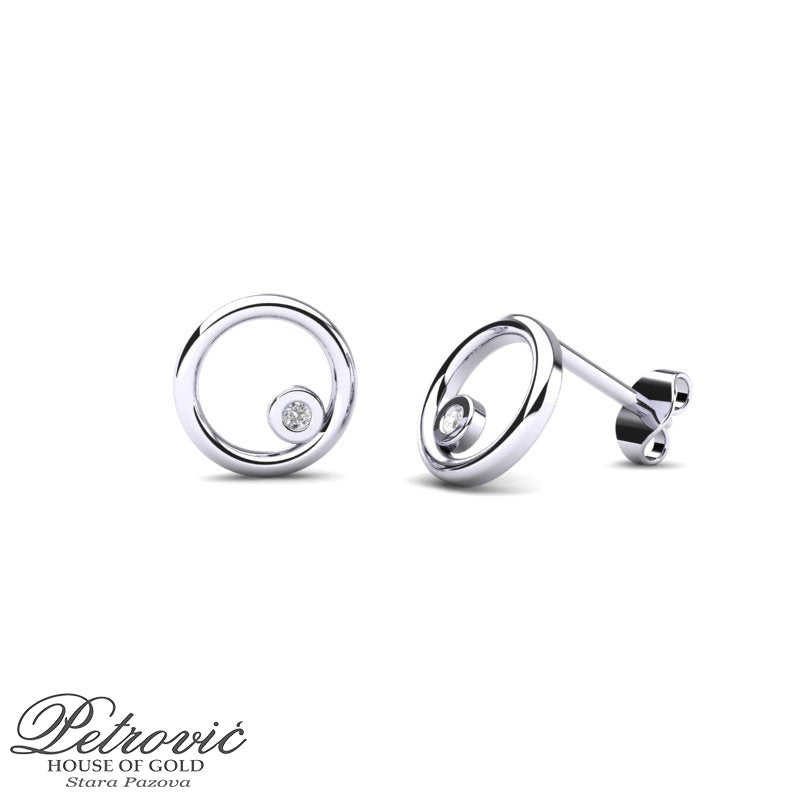 Zlatne minđuše u obliku otvorenog kruga sa cirkonom, prikazane iz dva ugla, od belog zlata na beloj pozadini.