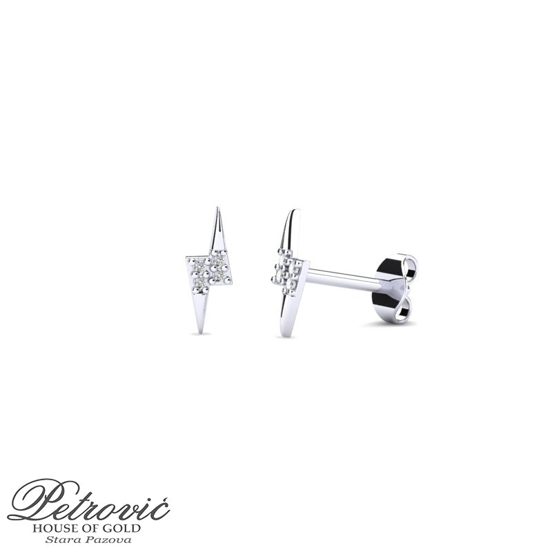 Zlatne minđuše u obliku munje napravljene od belog zlata slikane iz dva ugla na beloj pozadini.