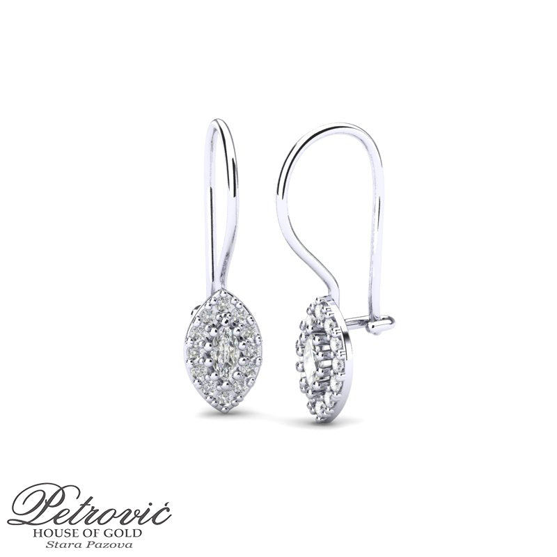 Zlatne minđuše čistoće 585 da cirkonima napravljene od belog zlata, prikazane na beloj pozadini iz dva ugla