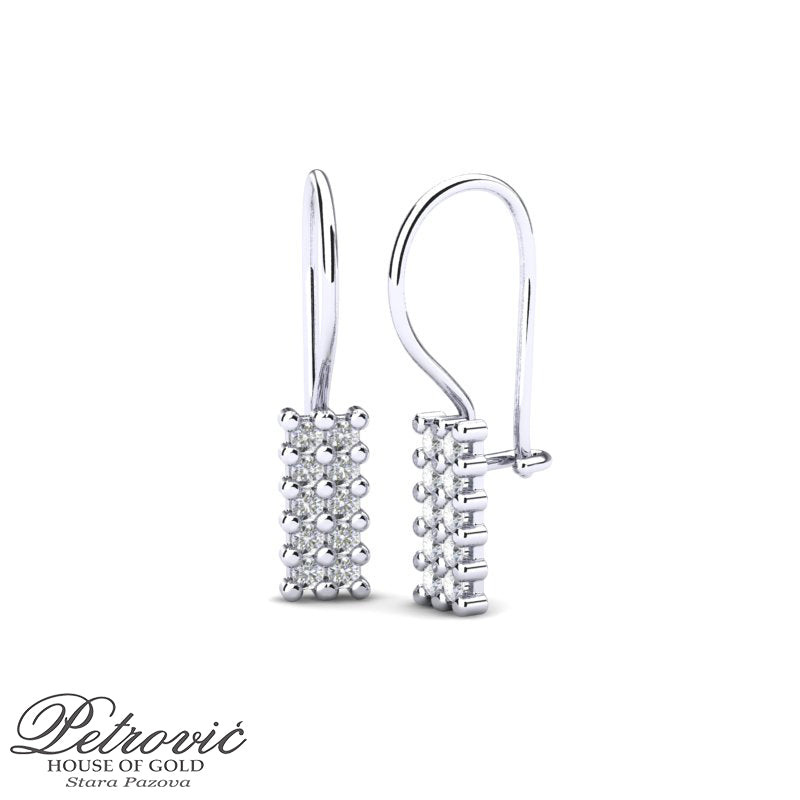 Zlatne viseće minđuše od belog zlata sa cirkonima prikazane iz dva ugla na belog pozadini