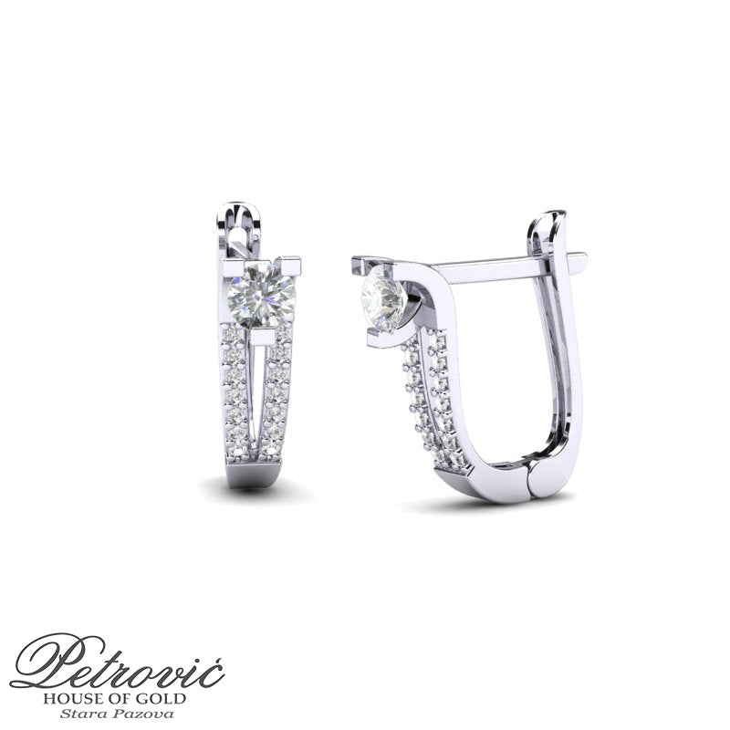 Zlatne minđuše sa centralnim cirkonom i duplim nizom sitnih cirkona, prikazane na beloj pozadini iz dva ugla