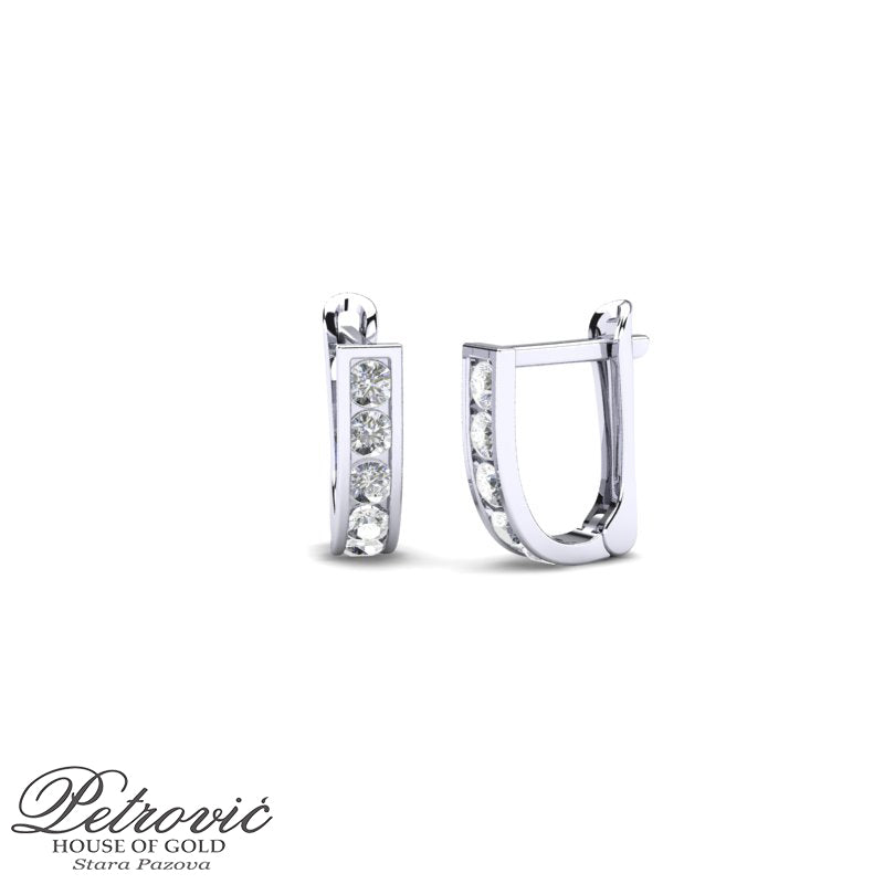 Zlatne minđuše zatvorenog luka sa cirkonima, napravljene od belog zlata, prikazane iz dva ugla na beloj pozadini