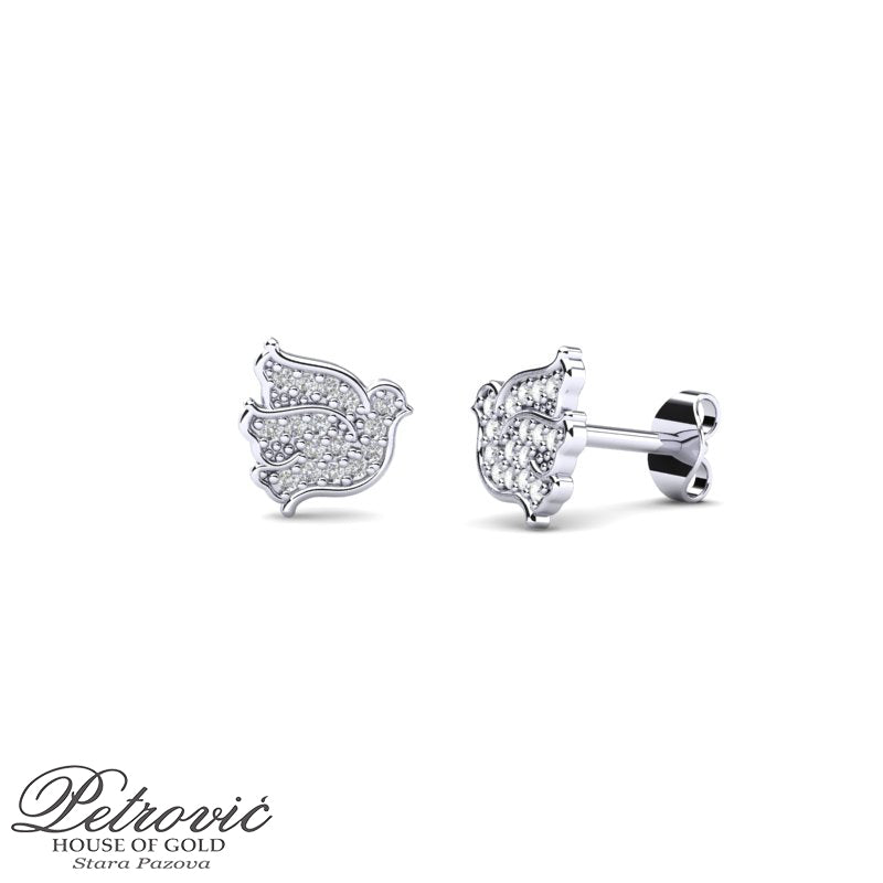 Zlatne minđuše sa motivom golubice izrađene od belog zlata, prikazane iz prednjeg i bočnog ugla na beloj pozadini.