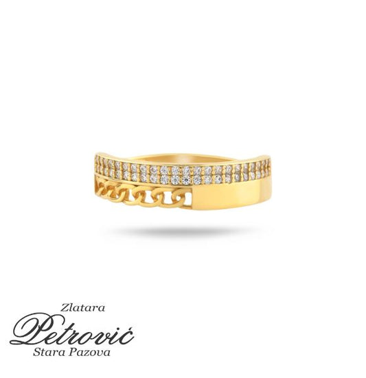 Zlatni prsten sa tri reda cirkona i detaljem u obliku lanca u donjem delu