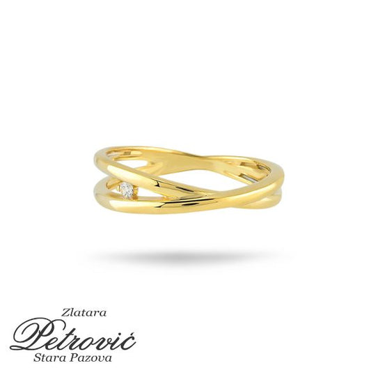 Zlatni prsten sa dvostrukim obodom koji se ukršta i cirkonom na preseku